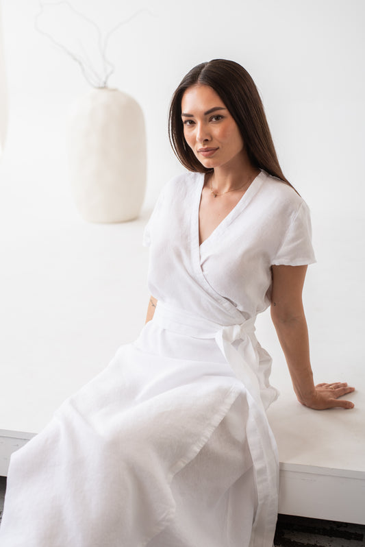 Lněné šaty Liin s páskem a krátkým rukávem