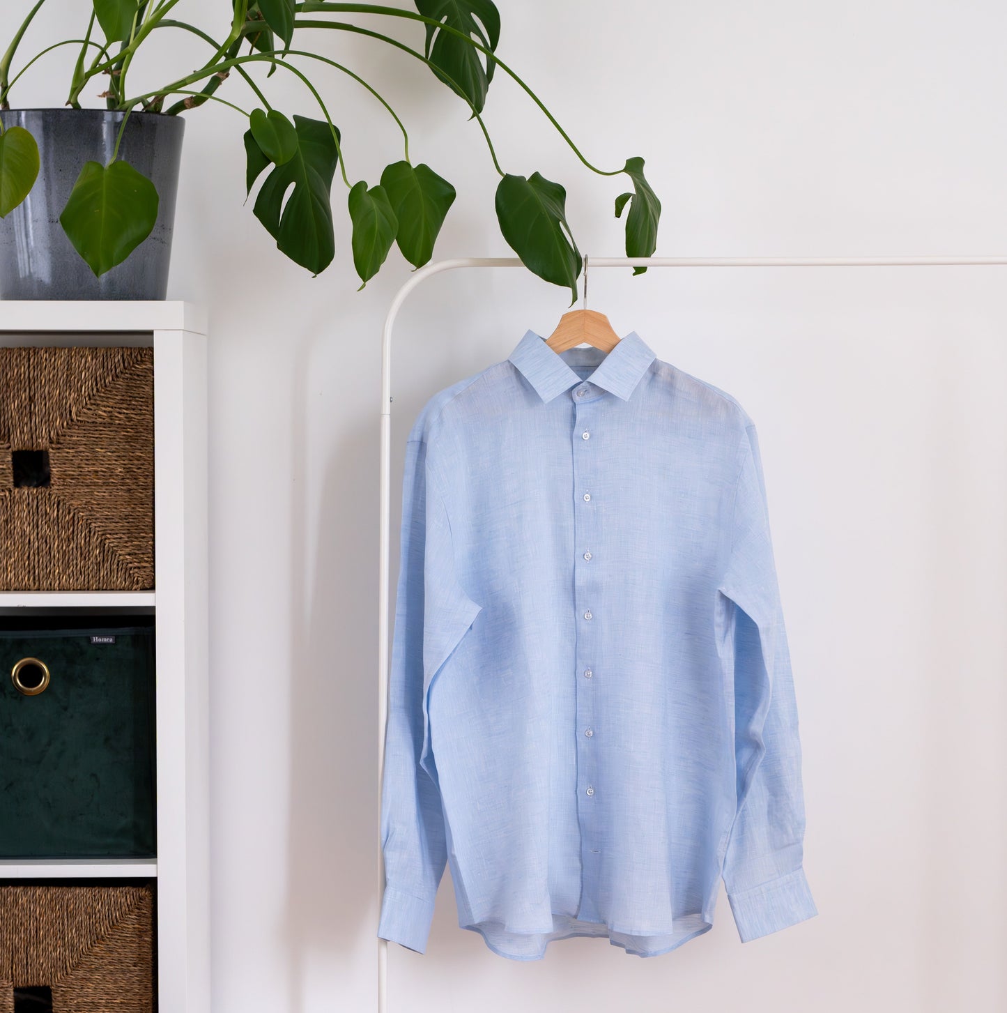 Lněná košile modrá klasický límeček dlouhý rukáv
