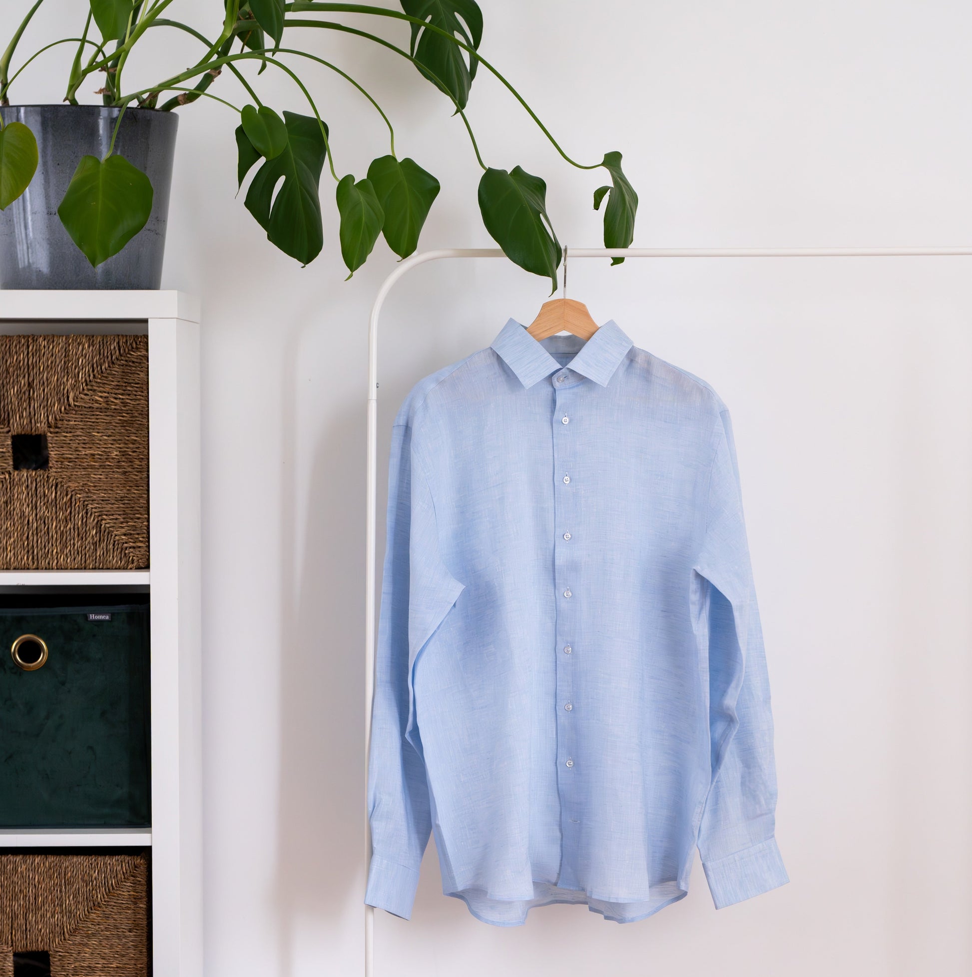 Lněná košile modrá klasický límeček dlouhý rukáv