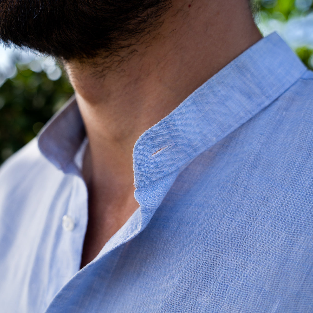 Modrá lněná košile, stojáček, korejský límeček